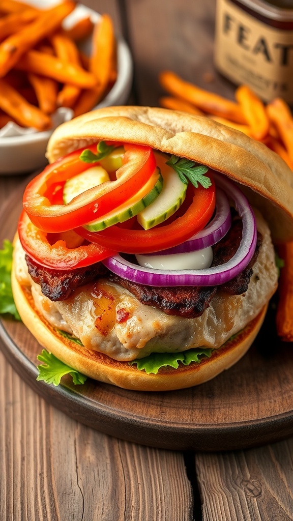 A seasoned turkey burger on a bun with lettuce, tomato, and onion, alongside sweet potato fries.